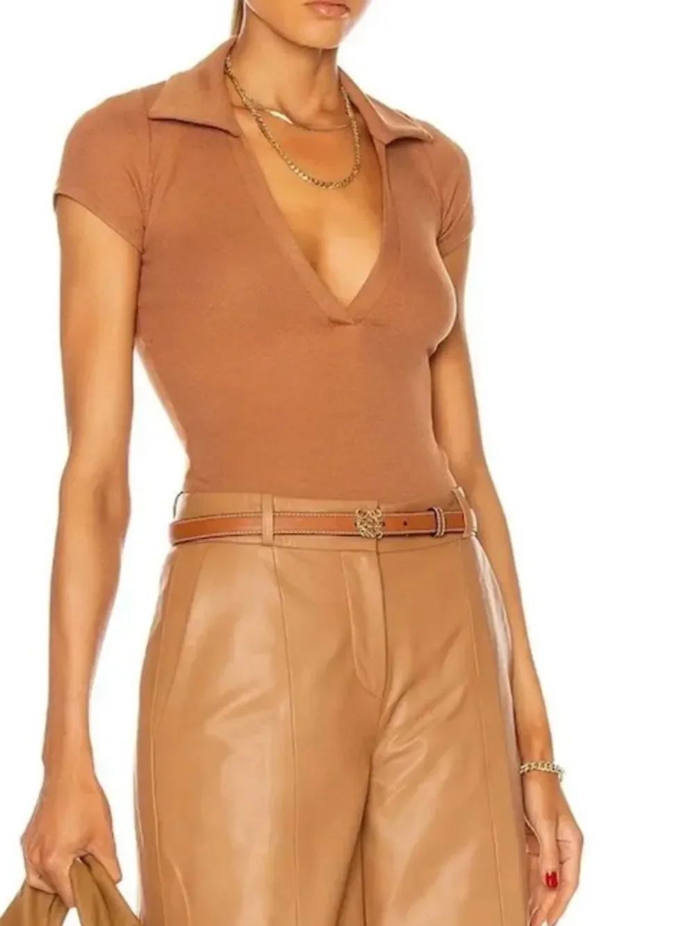 ALIX Brown Collared Ribbed Body Suit - Snap Closure Bottom - NEVER WORN - Small - Picture 2 of 6